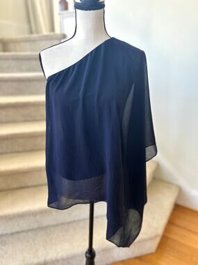 Analili Navy Blue Silk One Shoulder Draped Tank Blouse